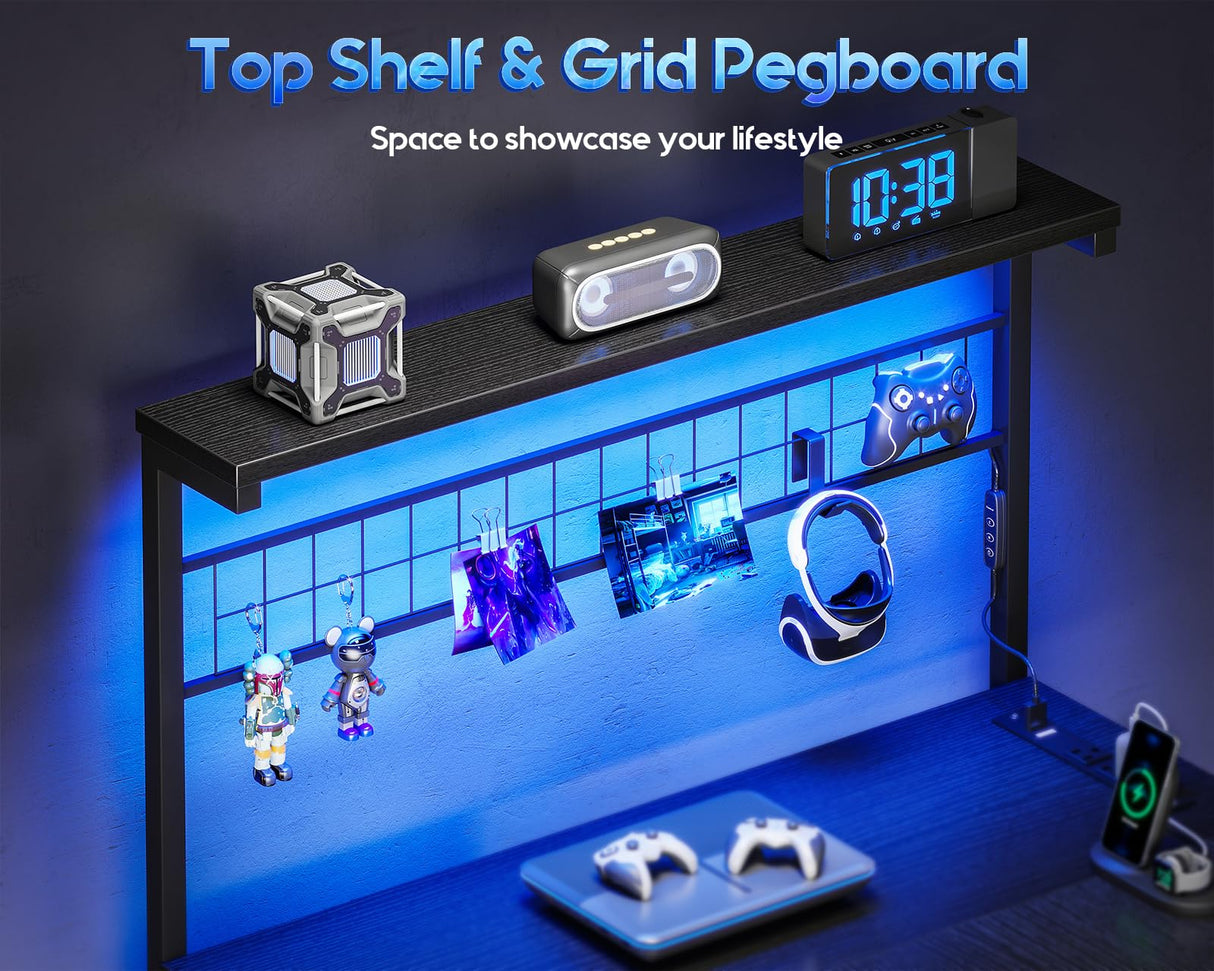 MOTPK L Shaped Gaming Desk with Shelf & 4 Drawers, 43" Reversible Computer Desk with LED Light, Home Office Table with Hutch and Hook, Black MOTPK