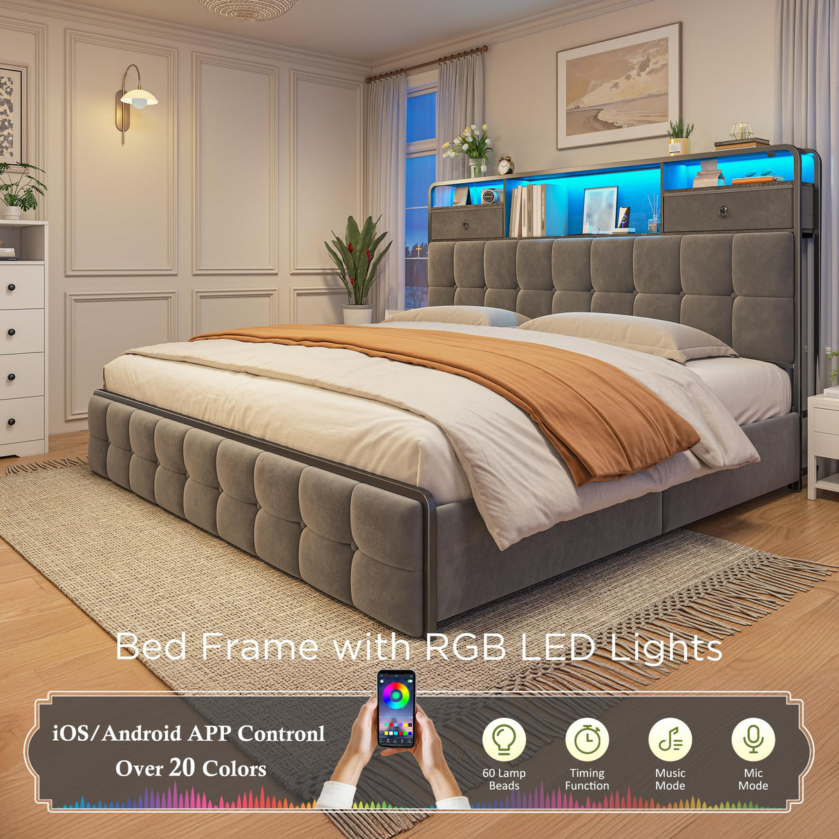 EnHomee King Bed Frame with 4 Storage Drawers King Size Bed Frame with Headboard Built in Charging Station and LED Lights, No Noise, No Box Spring Needed, Easy Assembly, Grey EnHomee