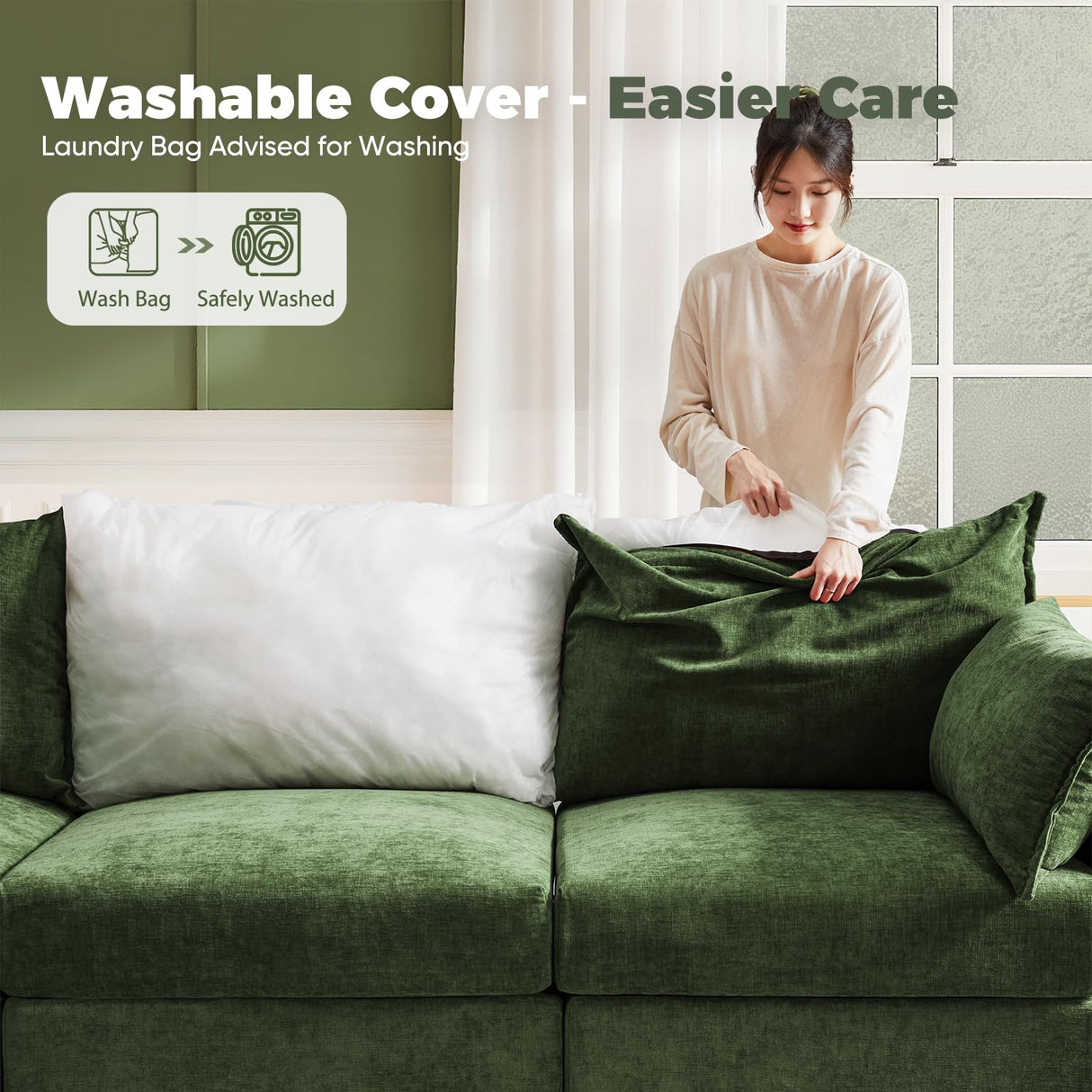 ABCASA 102.6" Modular Sectional Sofa, Oversized 3-Seater Green Couch with Removable Chenille Fabric Cover, Deep Seat & High Backrest for Living Room, Office & Apartment ABCASA