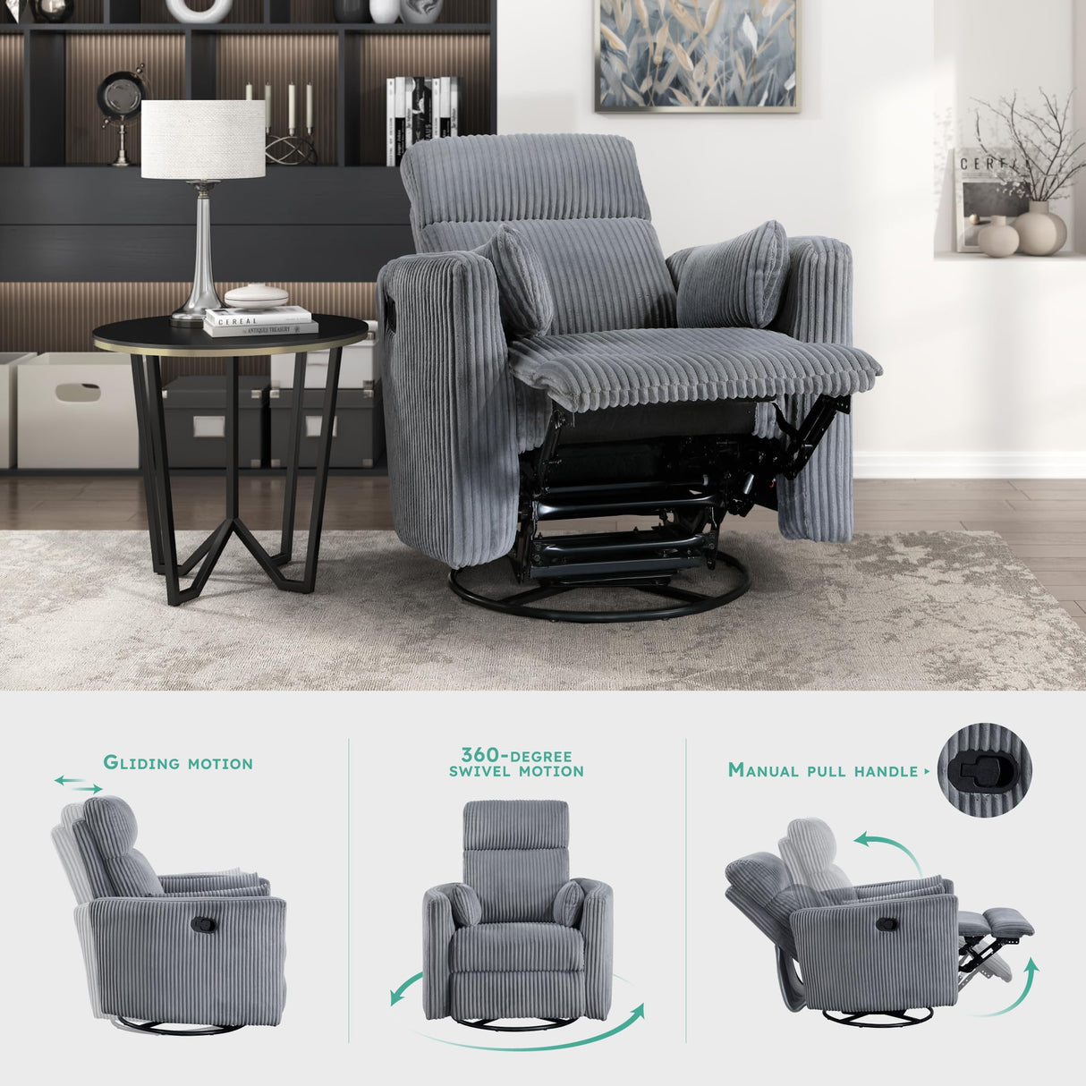 Lexicon Modern Swivel Glider Recliner Chair, Nursery Glider, Corduroy Fabric Upholstery Recliner with 2 Lumbar Pillows, Manual Reclining Sofa Chair for Living Room/Office/Apartment, Grey Lexicon