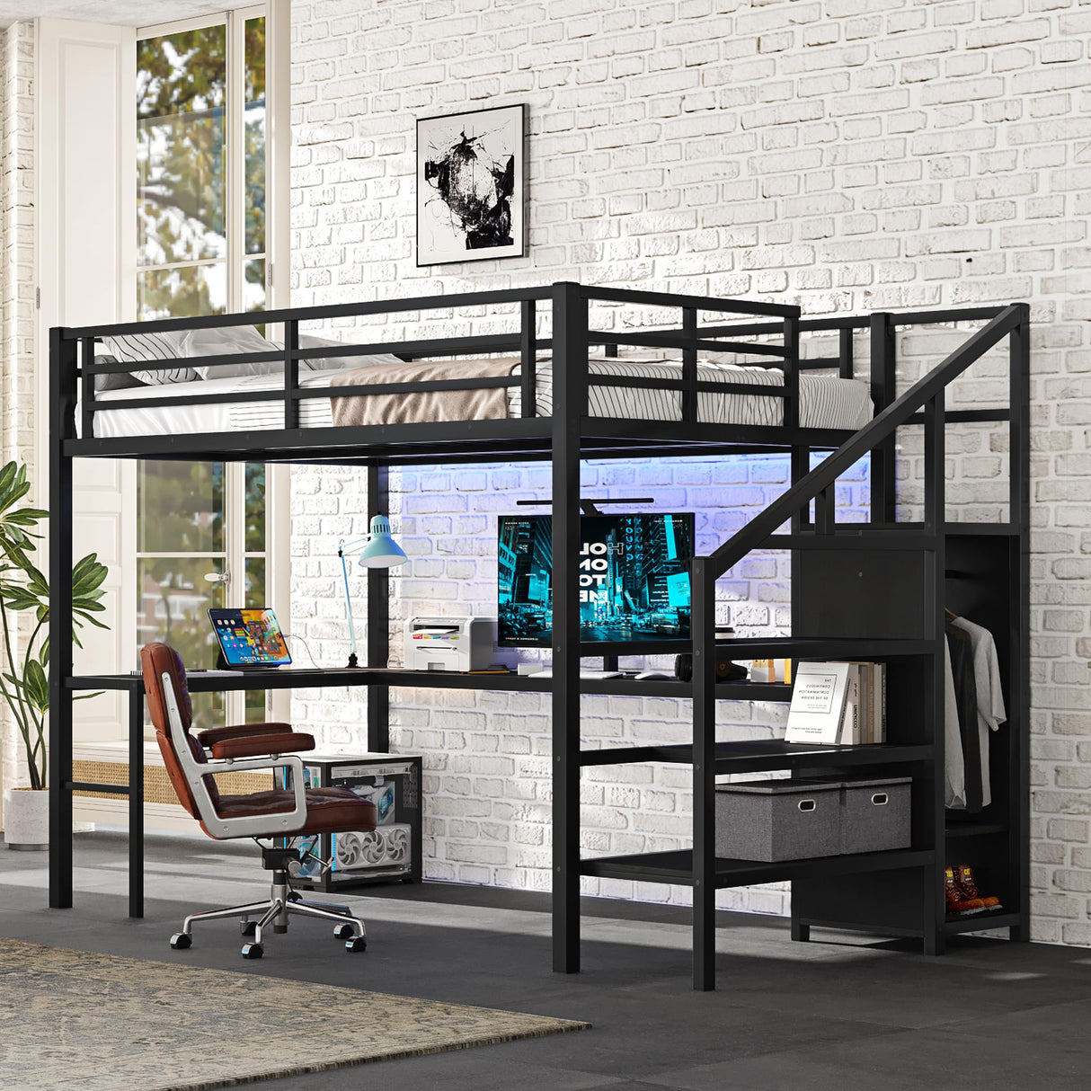 MAKIAAP Full Size Loft Bed with Desk and Wardrobe, Metal Heavy Duty Loft Bed Frames with Storage Stairs, LED Lights, Charging Station for Adults, Junior, Teens, Space Saving, Black (Full (more slats)) MAKIAAP