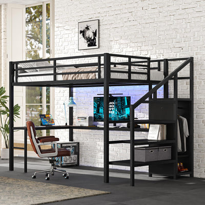 Full Loft Bed with Desk - Metal Gaming Bed with L-shaped Desk, USB, Wardrobe & Adjustable Shelf, High Loft Bed with Safety Guardrails & Stairs, Space Saving for Bedroom Guest Room Dormitory, Black