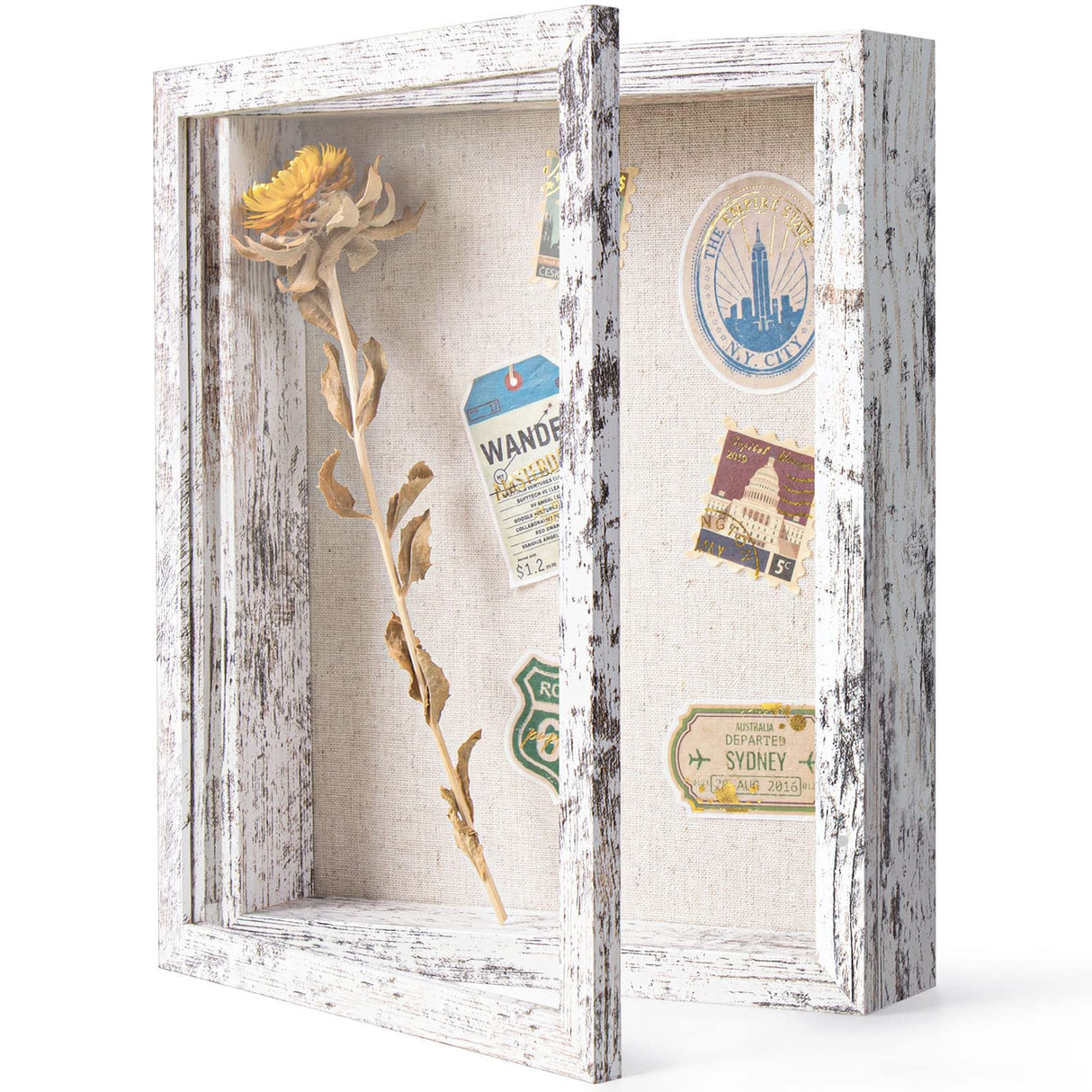 Califortree 8x10 Shadow Box Frame with Linen Back - Real Glass, Push Pins Included, Sturdy Rustic Memory Display Case, Distressed White Califortree