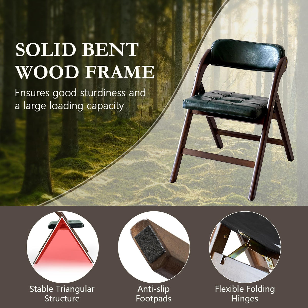 ALeesing Folding Chairs with Padded Seats, Wooden Folding Chairs Set of 2, 31" Stackable Folding Dining Chairs, Folding Extra Chair for Guests Kitchen, Bedroom, Living Room, Party Chairs, Green ALeesing