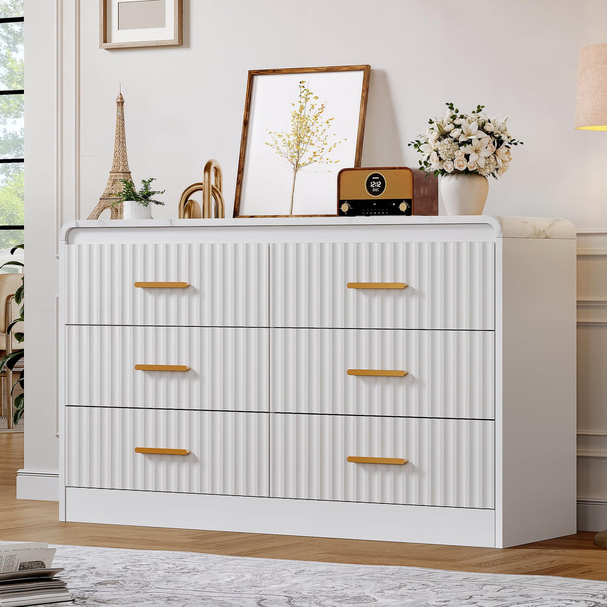 YITAHOME 6-Drawer Dresser with Built-in Power Outlet, Wood TV Stand with 6 Large Drawers and Bar Handles, White Dresser Chest of Drawers for Living Room, Hallway, Entryway YITAHOME