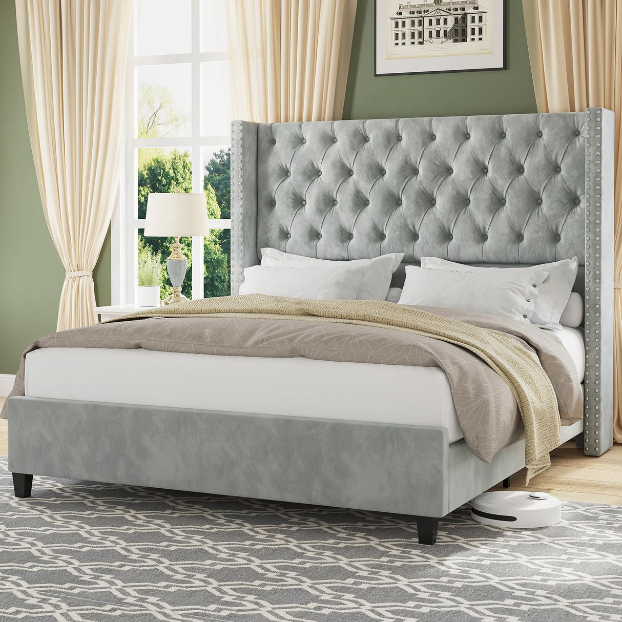 Jocisland Queen Size Bed Frame with 51.6” Wingback Tufted Velvet Headboard, Modern Upholstered Platform Bed, No Box Spring Needed, Easy Assembly, Light Grey Jocisland