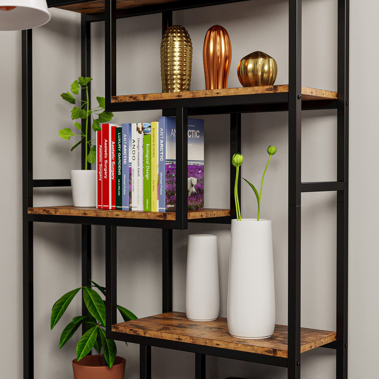 IRONCK Bookshelves 6 Tiers, Industrial Etagere Heavy Duty Shelves for Living Rooom, Office Storage Geomeric Display Boocase, Vintage Brown IRONCK