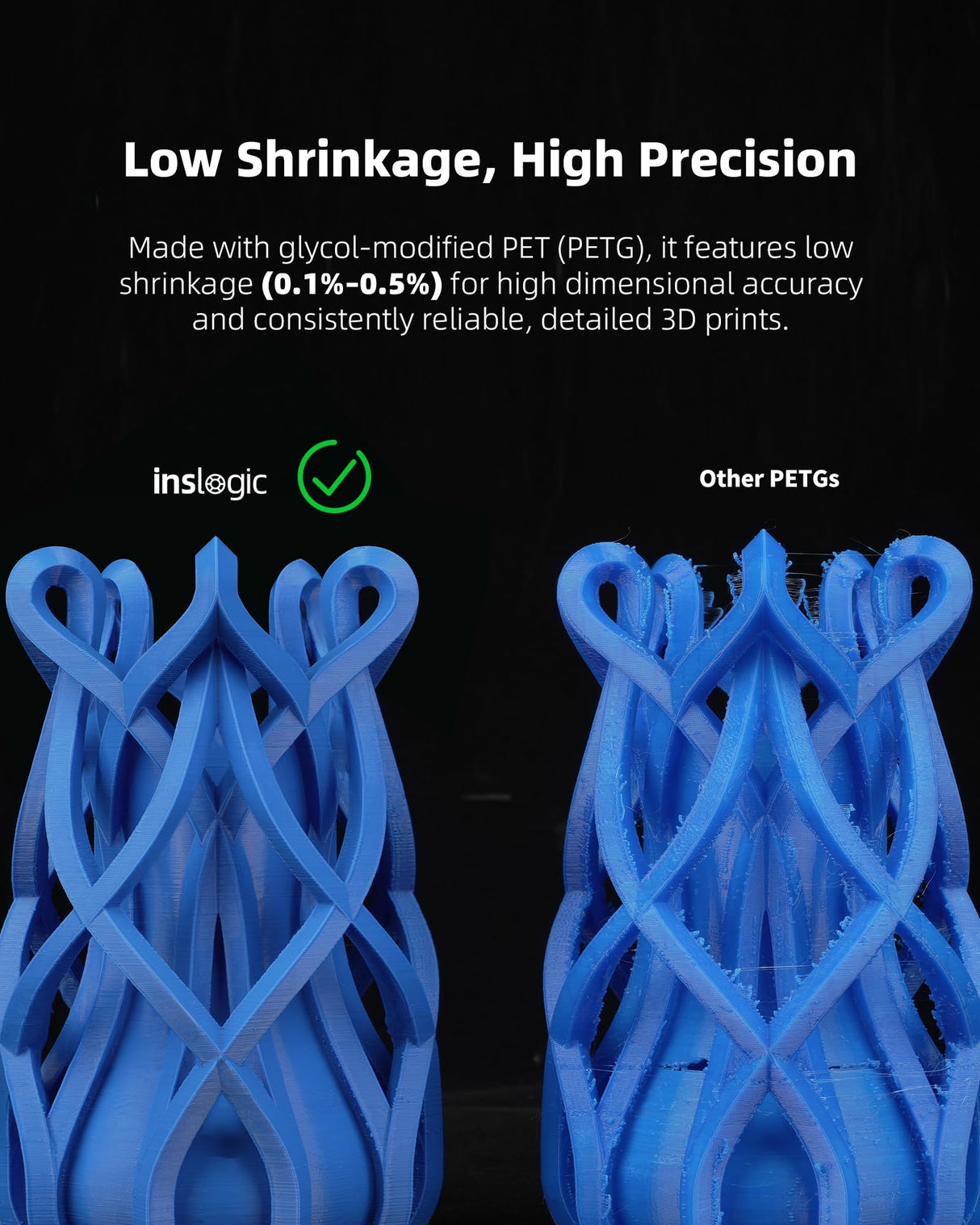 Inslogic PETG Pro 3D Printer Filament 1.75 mm, High-Speed Matte PETG Filament, Stronger Toughness, 1 kg Spool, Dimensional Accuracy +/- 0.02 mm, Compatible with FDM Printers, Black Inslogic