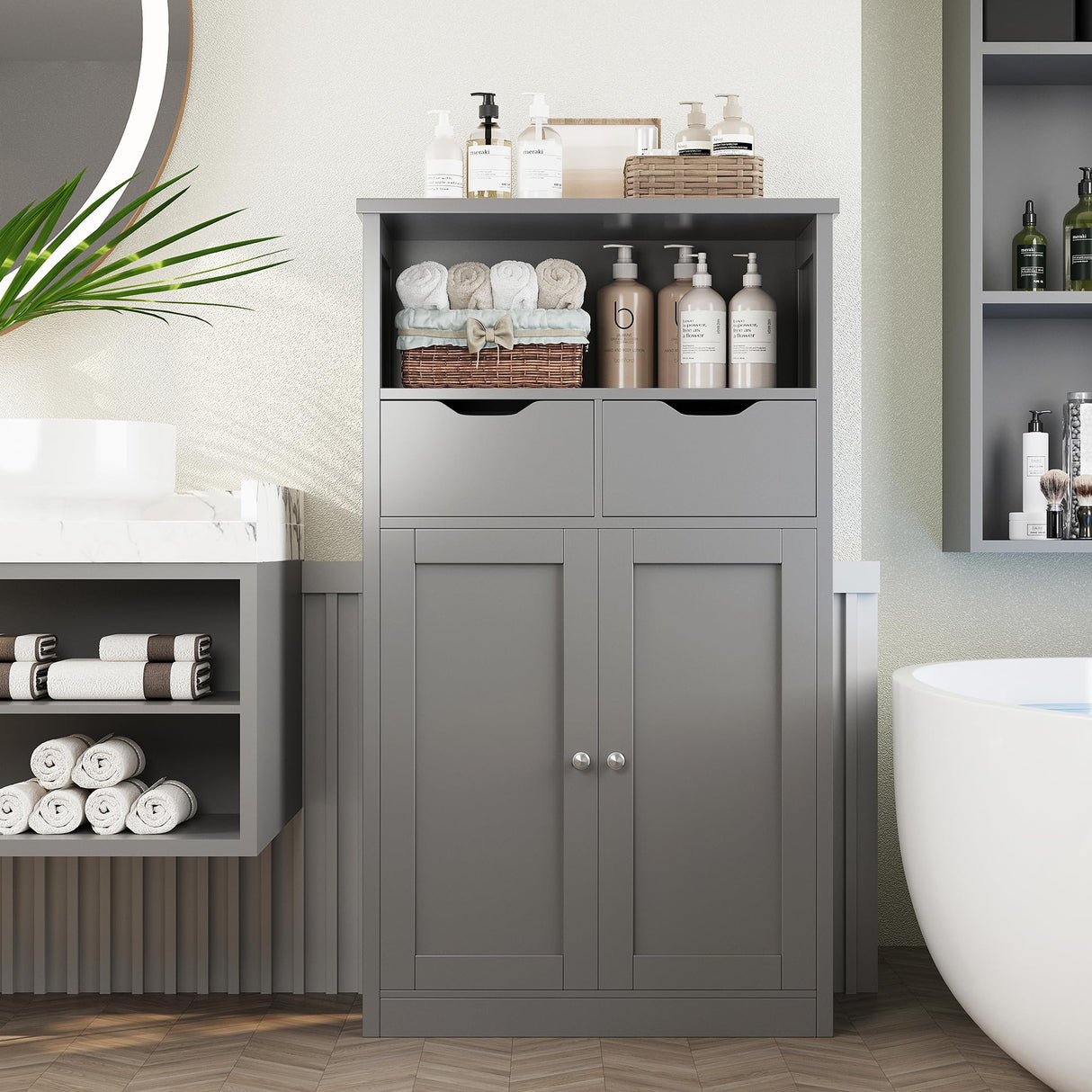 Shintenchi Floor Storage Cabinet, Bathroom Storage Organizer with Doors and Drawers, Freestanding Side Cupboard Pantry with Adjustable Shelf for Bathroom/Kitchen/Livingroom, Gray Shintenchi