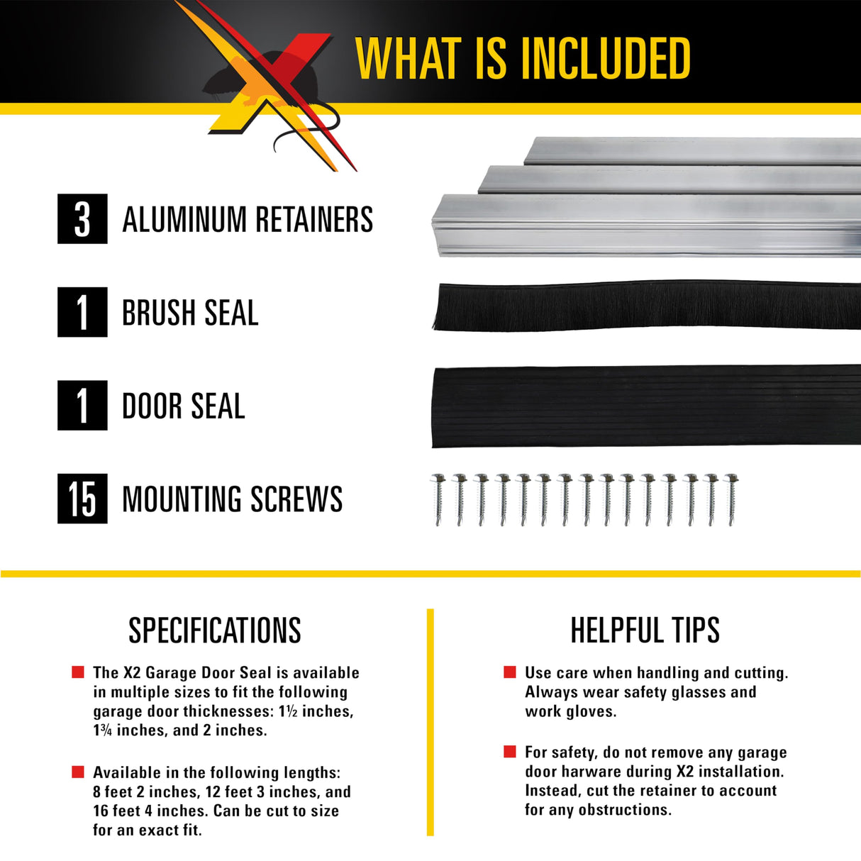 Xcluder X2 Rodent Proof Overhead Sectional Door Seal Kit, 12'3” Wide for 2” Thick Doors, Stops Mice, Rats and Weather, Suitable for Residential or Commercial Property Use Xcluder