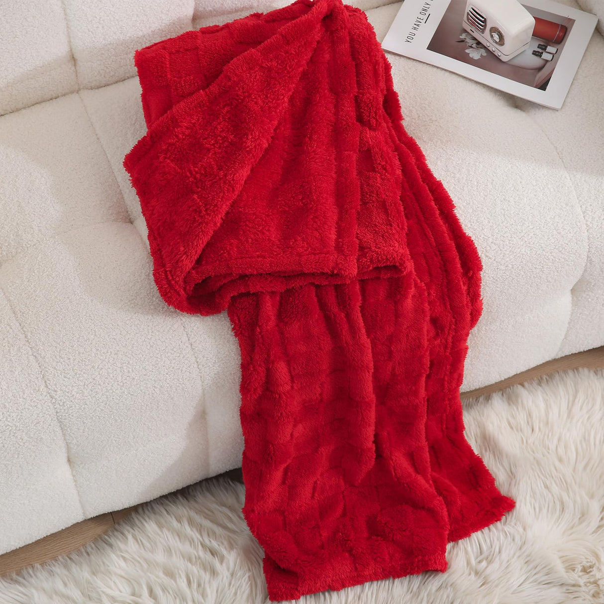 Linecooo Red Fleece Throw Blanket 50”×60” for Couch Sofa Bed,Super Soft Cozy Plush Microfiber Flannel Blanket with 3D Checkered Design Lightweight Decorations for Adults,Woman,Girls Linecooo