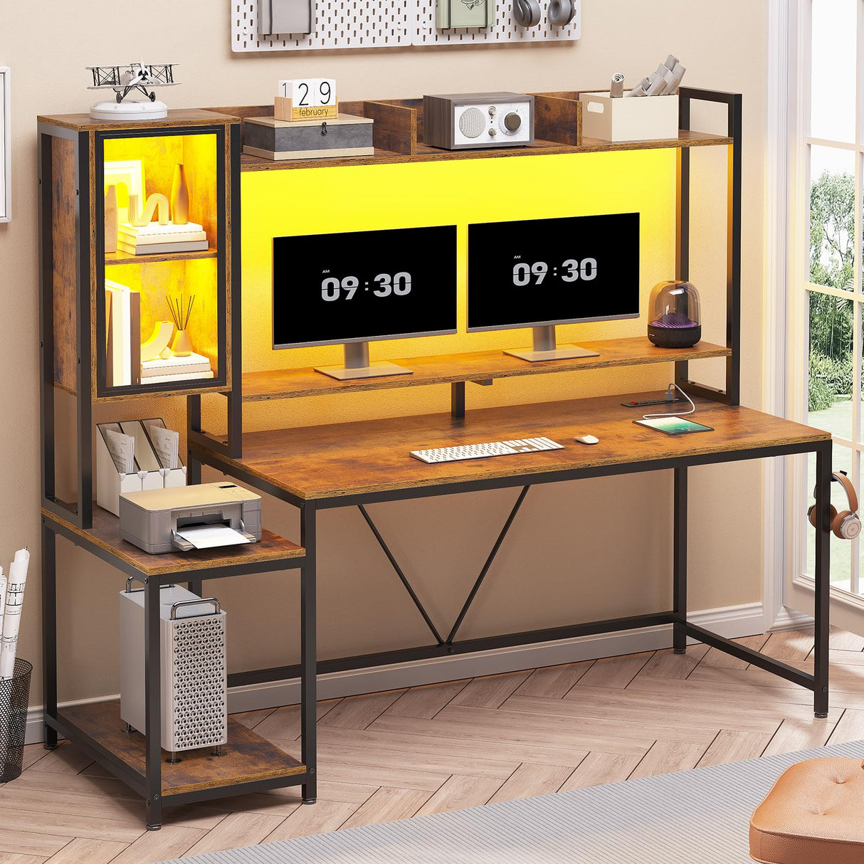 SEDETA Gaming Desk, 60'' Gaming Desk with Hutch and LED Lights, Computer Desk with Storage Shelves, Large PC Gamer Desk with Display Cabinet, Monitor Stand, Power Outlet for Home Office, Rustic Brown SEDETA