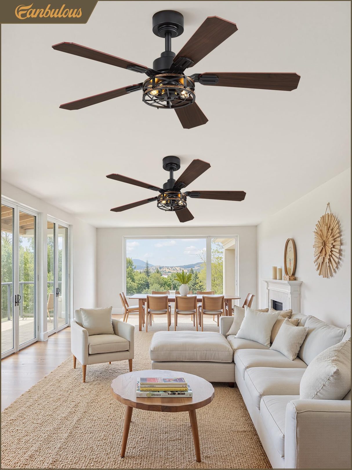 2 Pack 42 Inch Rustic Caged Ceiling Fan with Lights, Black Farmhouse Ceiling Fans for Bedroom Living Room, Double-Sided 5 Blades Rustic Ceiling Fan Fanbulous