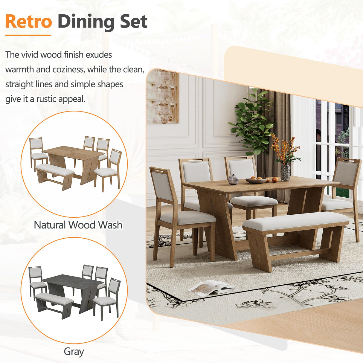 Merax 6-Piece Retro Dining Set, 1 Rectangular Table with Stable Trapezoidal Table Base and 4 Upholstered Chairs and 1 Bench for Dining Room and Kitchen, Natural Wood Wash Merax