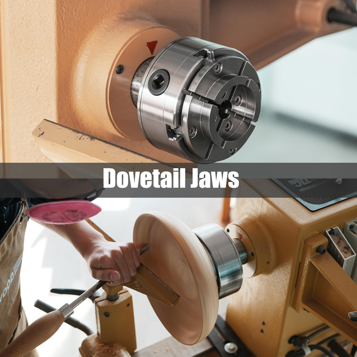 4.5" Woodlathe Chuck, Thread 1-1/4"x8TPI", Dovetail Jaws, Pin Jaws, 8" Flat Jaws, Step Jaws, Wide Jaws, Wood Screw, Thread adaptor to 1"x8TPI, Two Nylon Washers, Two Chuck Keys and T Handle Allen Key. BMWOOD