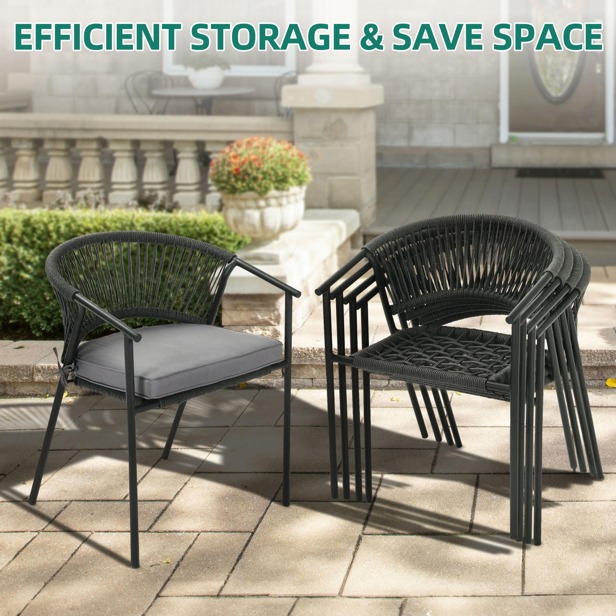 YITAHOME 7 Piece Patio Dining Set, Stackable Chairs with Comfortable Cushions, 59" Rectangle Tables with Metal Frame and Faux Wood Tabletop for Patio Balcony Porch Poolside Lawn Garden, Black YITAHOME