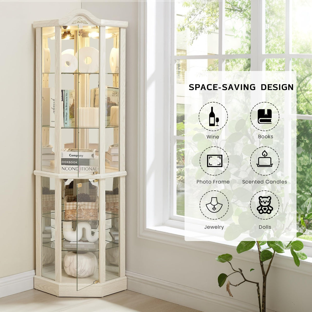 Eyisean Lighted Corner Curio Cabinet with Tempered Glass Doors and Shelves, 72" H Glass Display Cabinet with Curved Top Carving, Light Bulb Included, Rack for Liquor Storage and Living Room (White) Eyisean