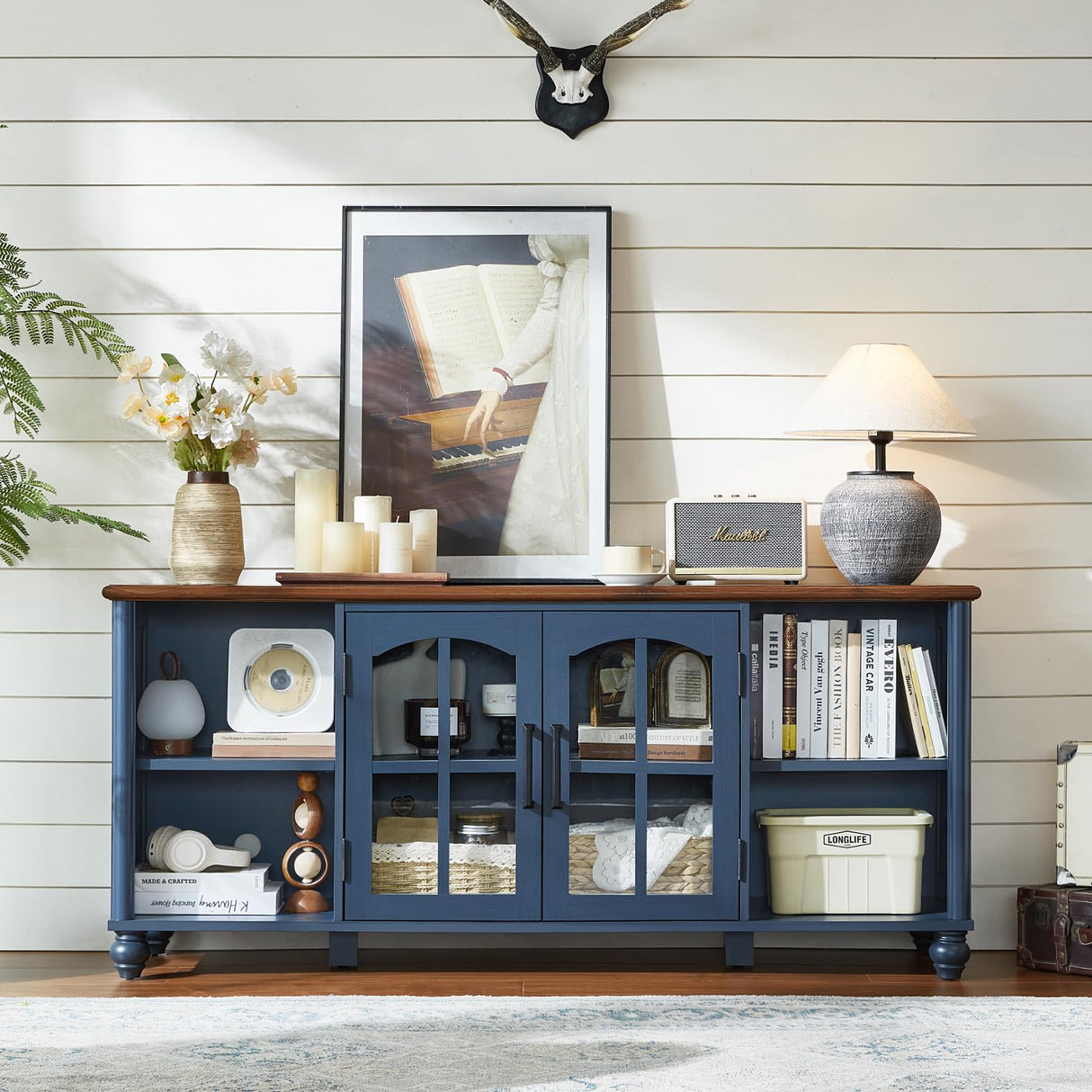 RWYHG Farmhouse TV Stand for 60 Inch TV, Wood Entertainment Center with Glass Door Storage Cabinet & Adjustable Shelves,Television Stands for 65" TVS, TV Console Table for Living Room,Bedroom,Blue RWYHG