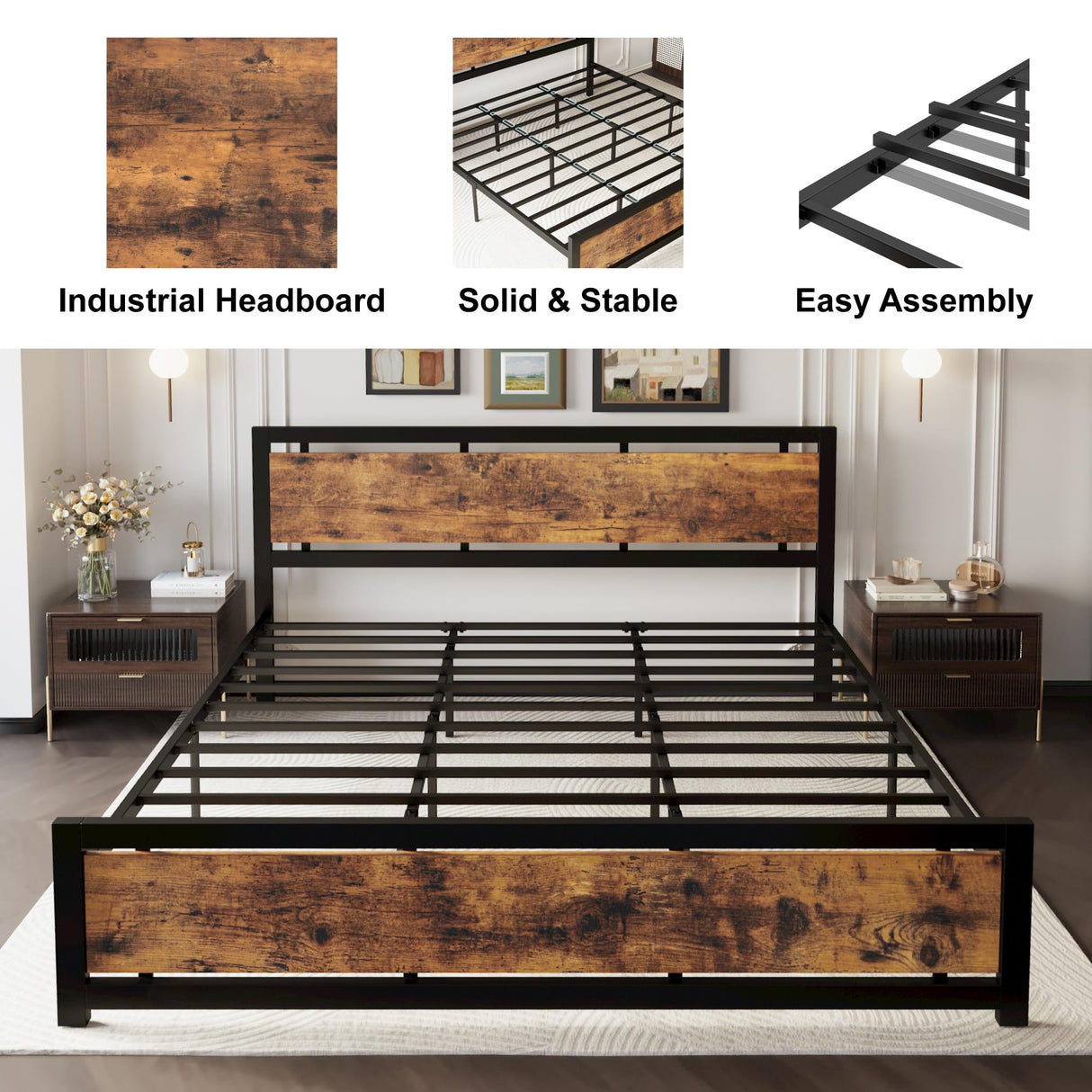 LIKIMIO Industrial King Bed Frame with Vintage Wood Headboard and 12 Strong Metal Legs - Easy Assembly, No Box Spring Needed LIKIMIO