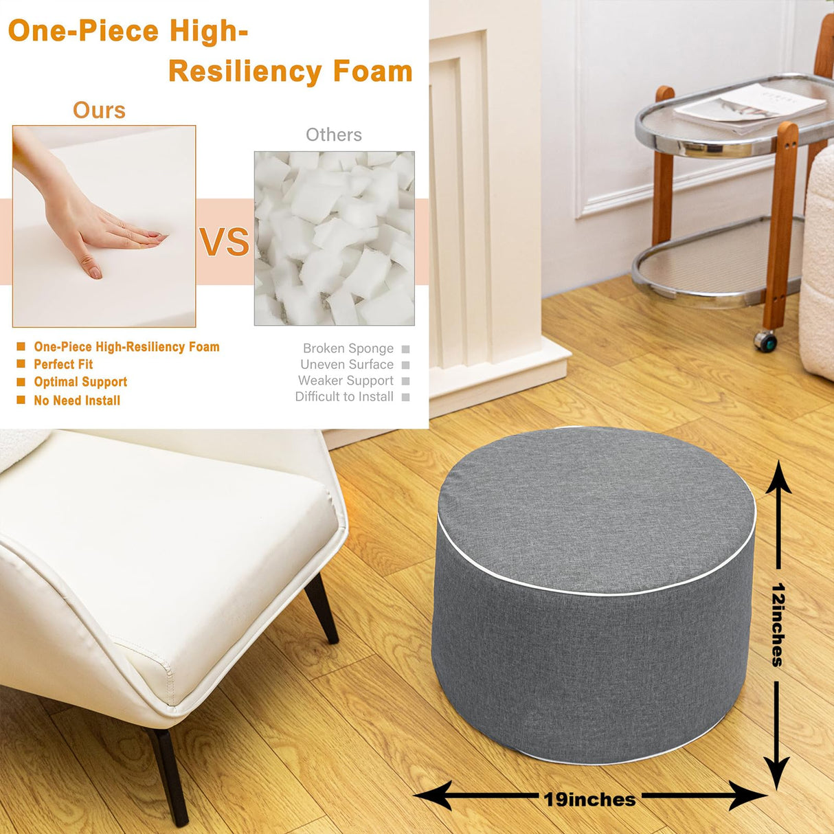 AbunHeri Outdoor Ottoman Outdoor Ottomans for Patio 19x12 Inches Modern Lightweight Foam Stuffed Pouf Outdoor Footstool Footrest Foot Stool Waterproof (Gray) AbunHeri