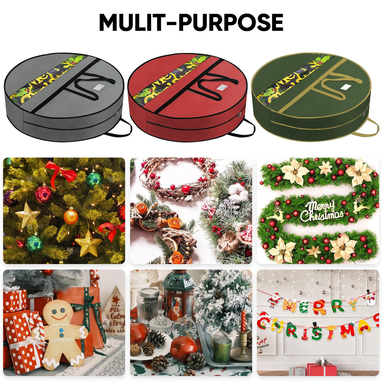 BALEINE Premium Wreath Storage Container, Oxford Christmas Wreath Storage Bags with Durable Tarp Material and Reinforced Handle for Holiday Xmas (Green, 30") BALEINE