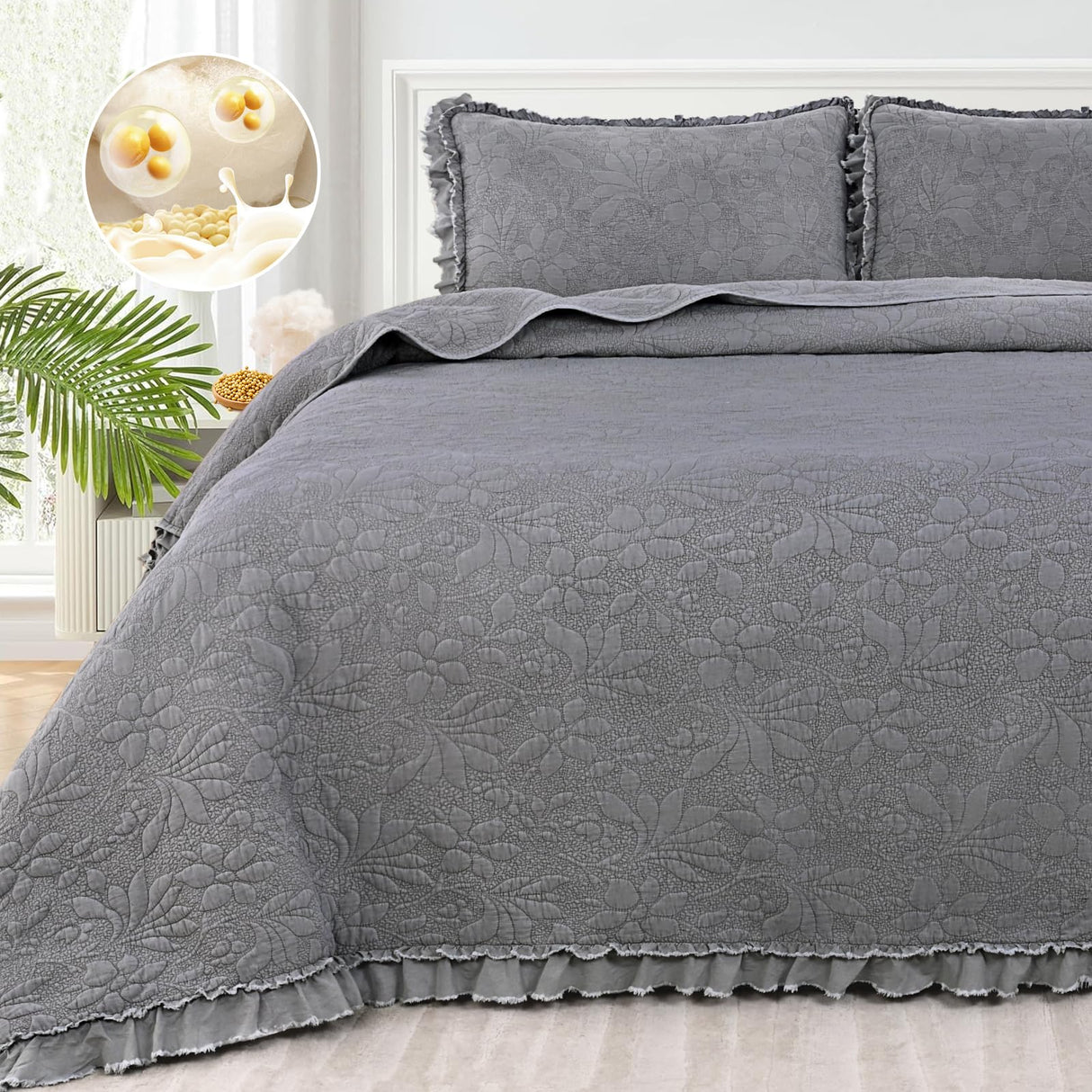 Uspring Grey Ruffled Floral Quilts Queen Size Soybean Fiber Filling Bedding Set 3 Piece, Stone-Washed Microfiber Farmhouse Shabby Chic Lightweight Soft Bedspread Coverlet for All Season, 90'' x 90'' Uspring