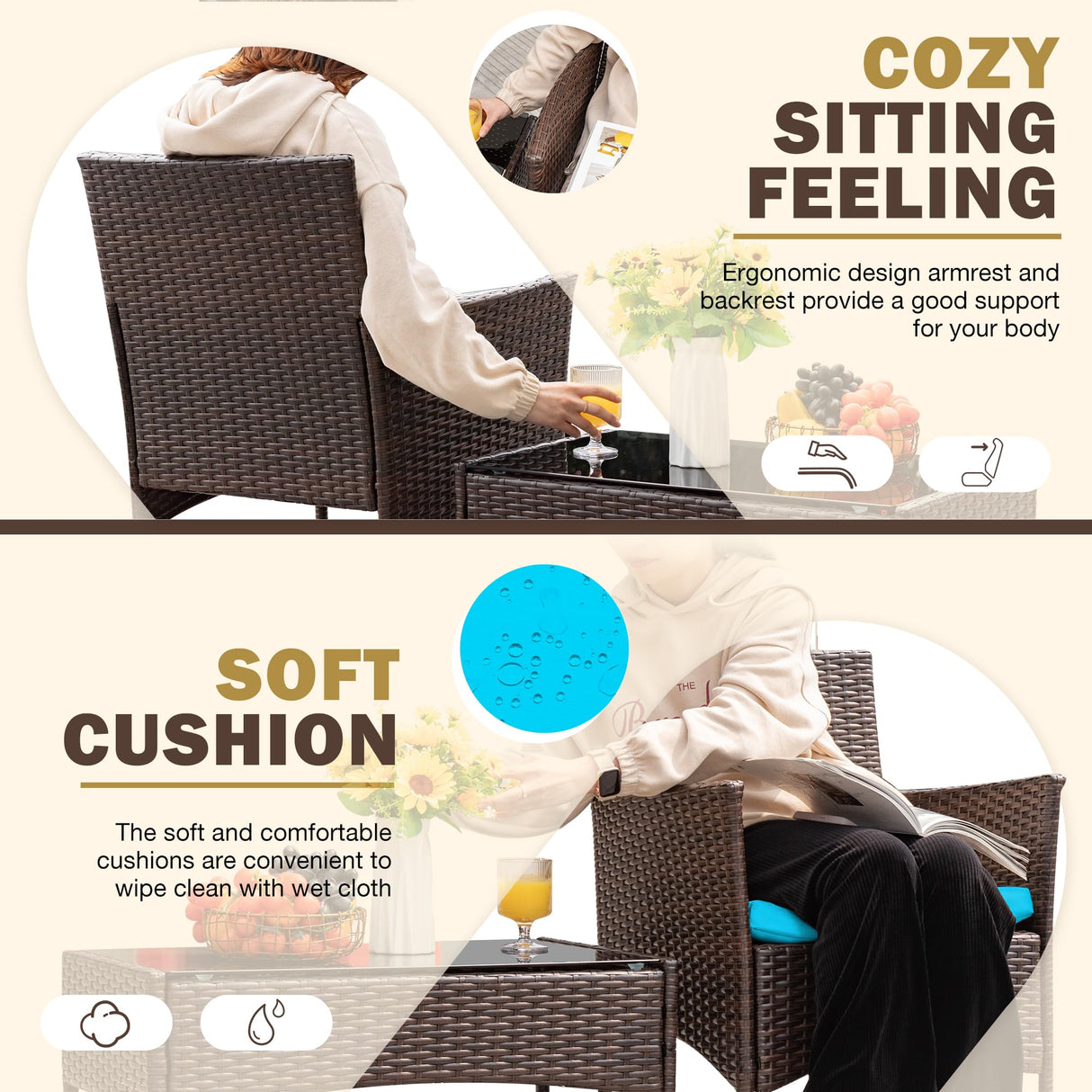 Homall 4 Pieces Patio Rattan Chair Wicker, Outdoor Indoor Use Backyard Porch Garden Poolside Balcony Furniture Sets (Blue) Homall