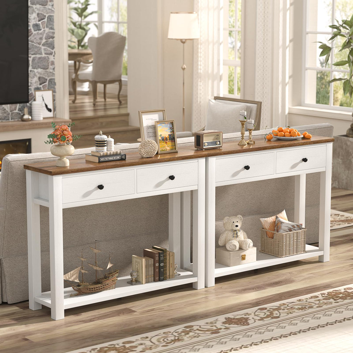 Homieasy Farmhouse Console Table with 2 Drawers, 32 Inch Small Sofa Table with Storage Shelf for Living Room, Behind Couch, Entryway Table for Hallway, Living Room, or Foyer, Rustic Brown and White Homieasy