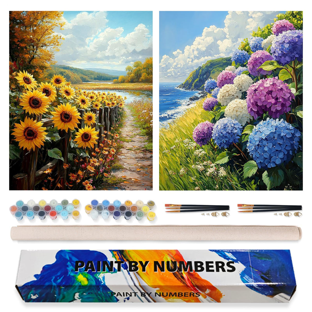 2 Pack Paint by Numbers Kit for Adults Beginner, Flowers Adult Paint by Number Kits on Canvas, DIY Hydrangea Sunflower Landscape Acrylic Painting by Number Kits for Home Decor Gift 16x20 Inch Possoco