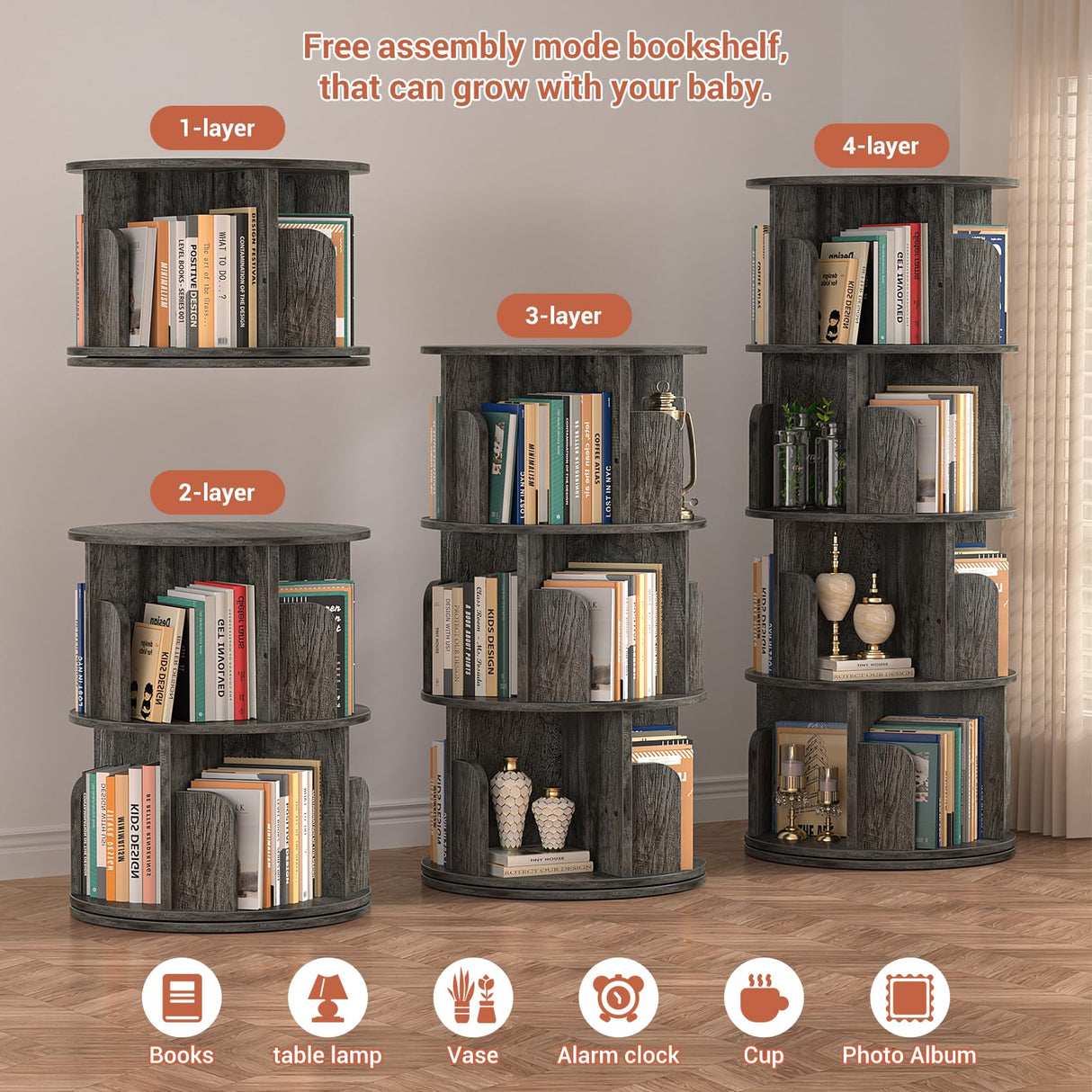 Besiost 360° Rotating 4-Tier Grey Oak Corner Bookshelf for Small Spaces Besiost
