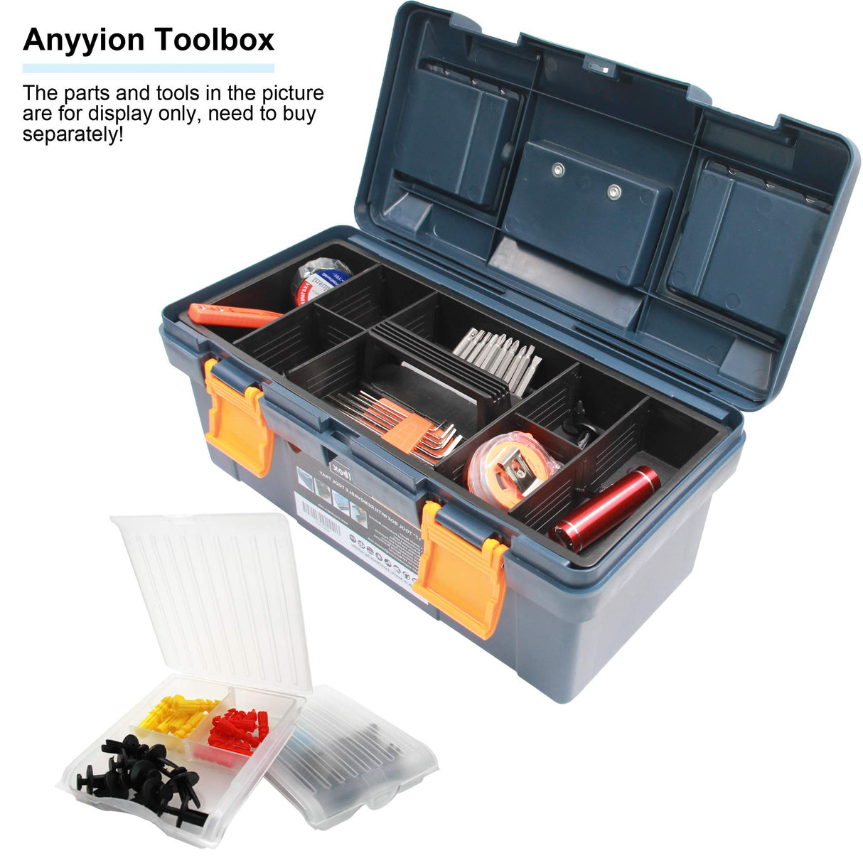 Anyyion 16.5-inch Tool Box with Removable Tray, Small Parts Box On The Lid is Removable, Tray Can be Removed and Combined at Will (Blue) Anyyion