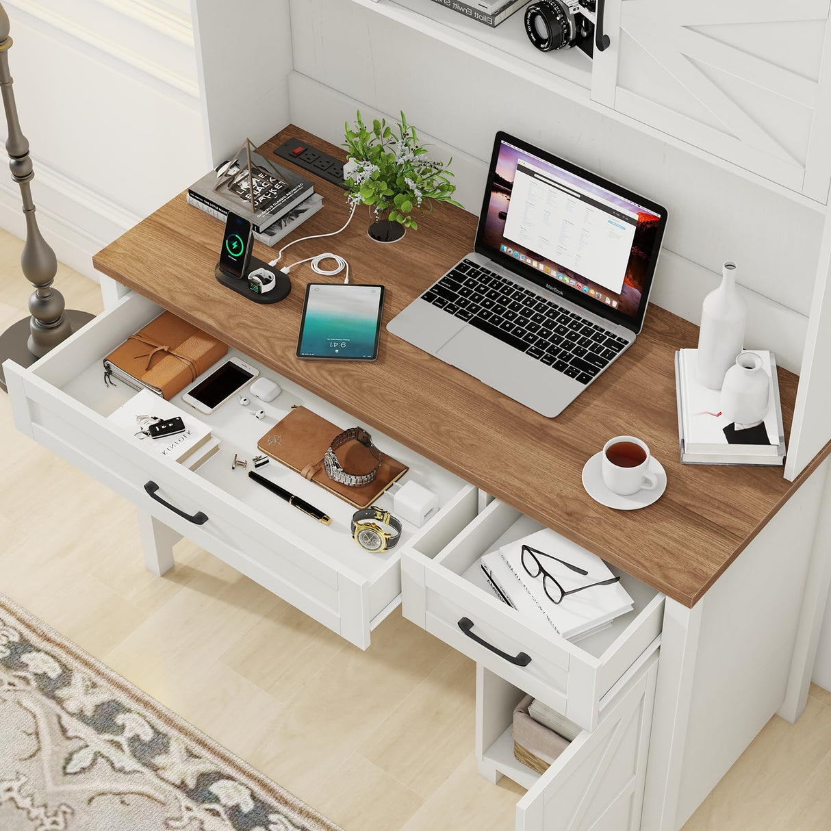 Farmhouse 47" Executive Desk, Computer Desk with 2 Drawers and Storage Cabinet, Home Office Desk with Hutch and Charging Station, Workspace for Work and Study.Brown Vabches