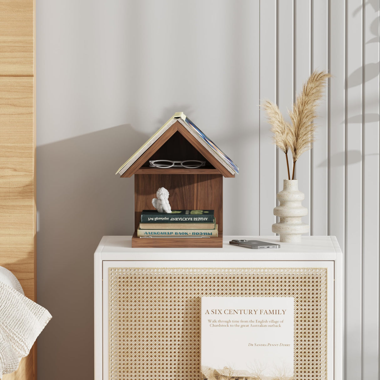 LETUBUYU Floating Bedside Wood Bookshelf, Triangle Book Page Holder, Wooden Simple Bookcase for Bedroom Nightstand Library Office or Wall Decor Storage (Brown LETUBUYU