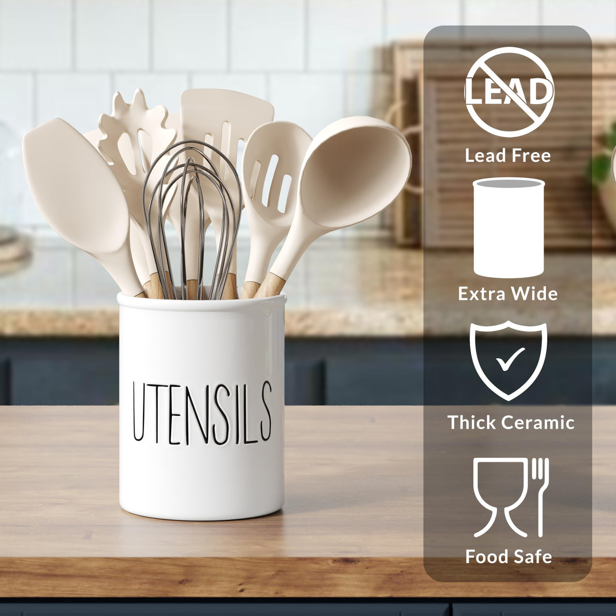 Barnyard Designs Ceramic Farmhouse Kitchen Utensil Holder for Countertop, Decorative Kitchen Utensil Holder, Large Kitchen Utensil Holder for Kitchen Counter, Utensil Crock Spatula Holder, 7" (White) Barnyard Designs