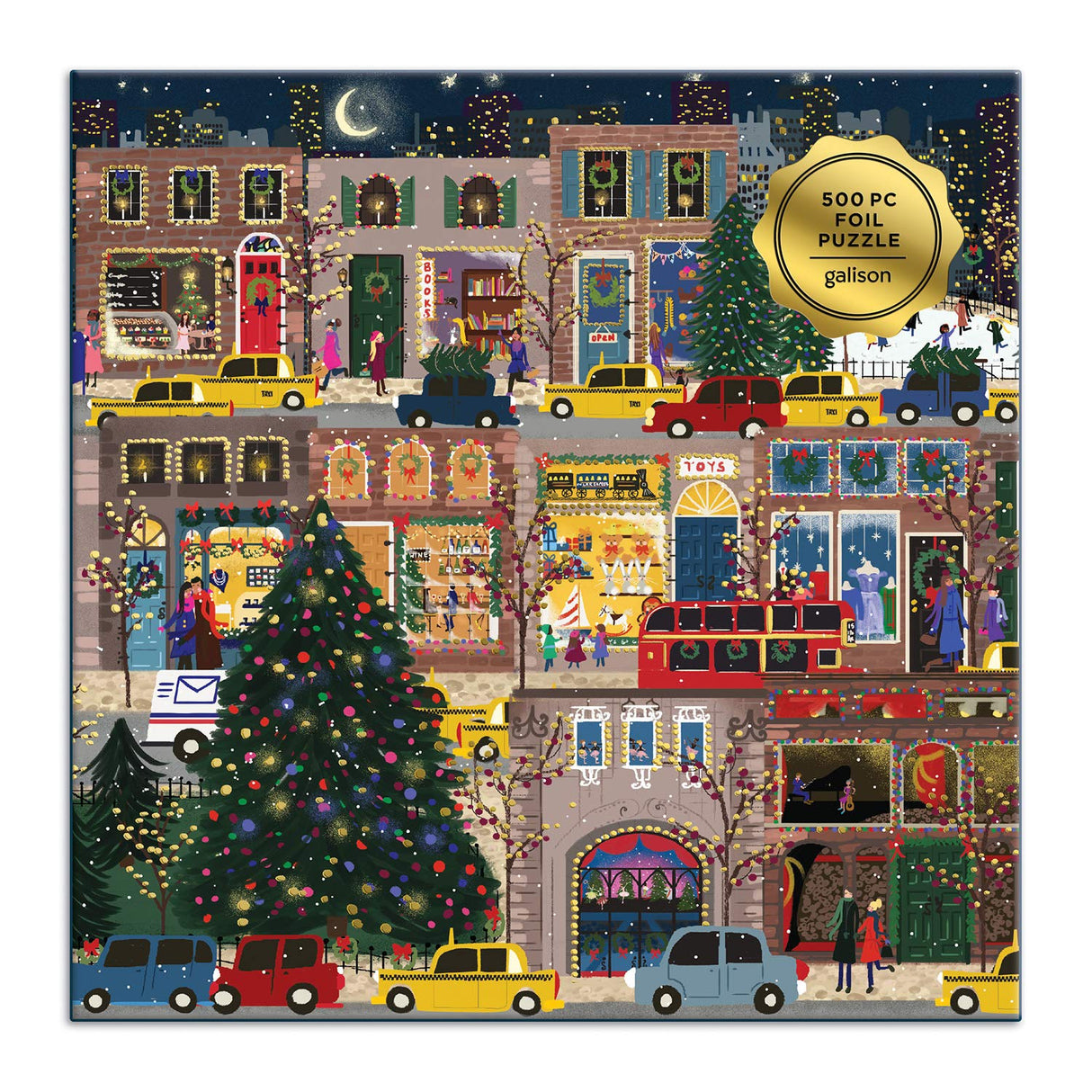 Galison Winter Lights Foil Puzzle 500 Pieces – Holiday Jigsaw Puzzle Featuring Festive City Scene by Joy Laforme – Thick, Sturdy Pieces Challenging Family Activity Great Gift Idea Galison