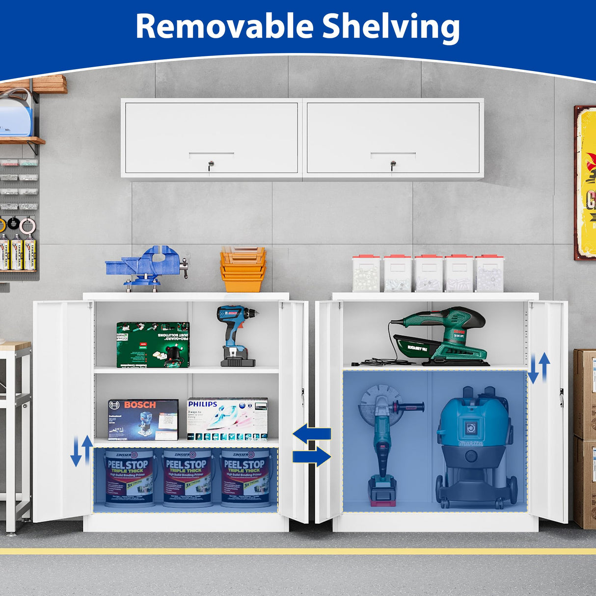 BYNSOE Metal Storage Cabinet Lockable Garage Storage File Cabinet with Doors Storage Cabinet with 2 Adjustable Shelves for Home Office Garage (White, 35 inch) BYNSOE