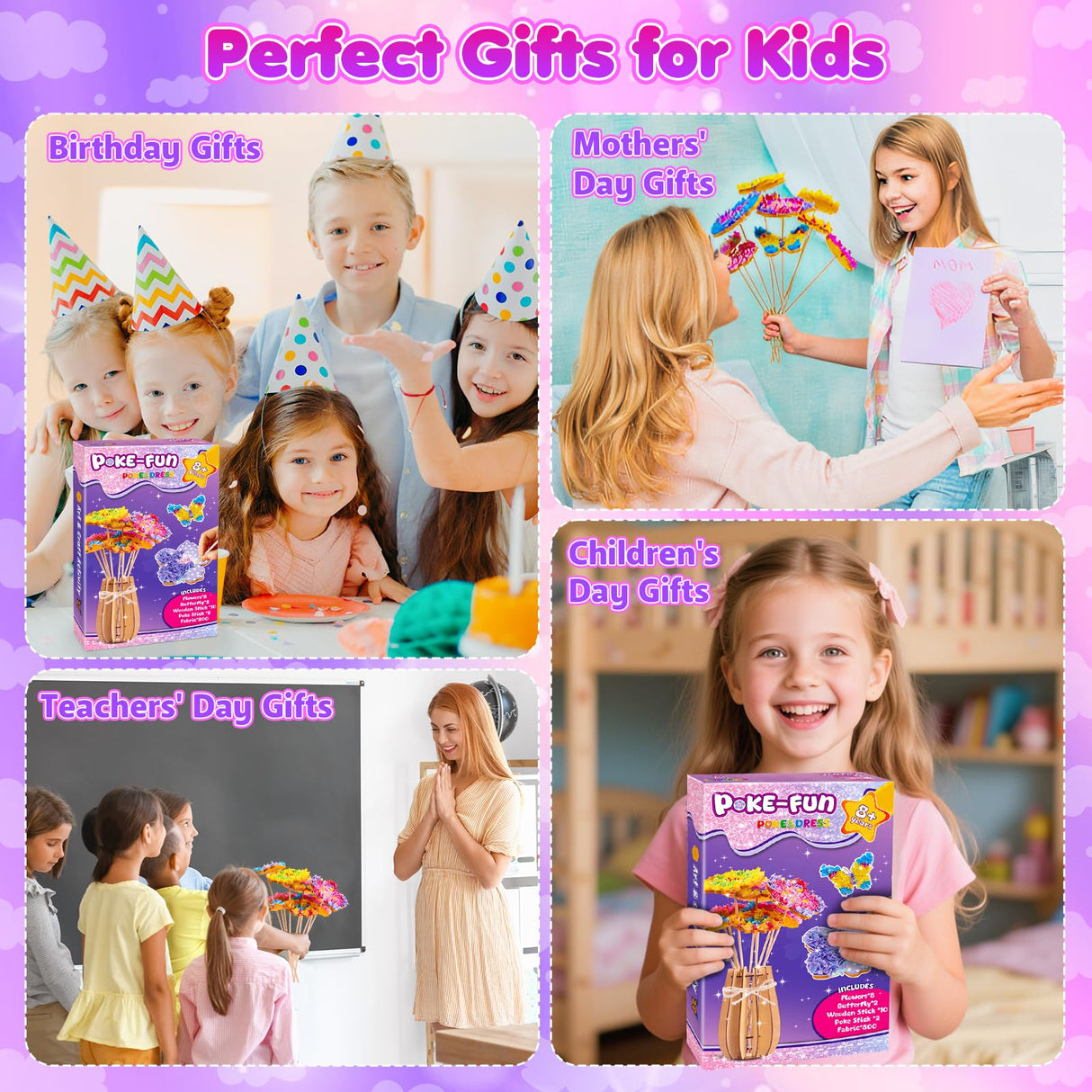 DREACAREFT Poke Art and Craft Flower Bouquet Kits for Girls, 8 Flowers & 2 Butterflies with Wooden Vase, Mess Free DIY Creative Activity, Birthday Gifts Toys for 5 6 7 8+ Year Old Girls DREACAREFT