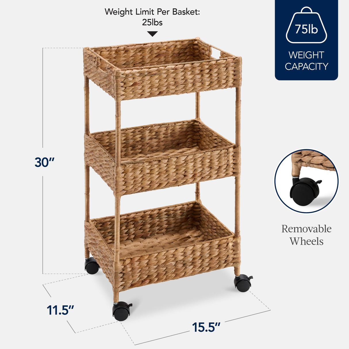 Best Choice Products 3-Tier Water Hyacinth Rolling Nursery Caddy w/Wheels, Utility Cart, Storage Organization for Bathroom, Craft Room, Laundry Room– Chestnut Best Choice Products
