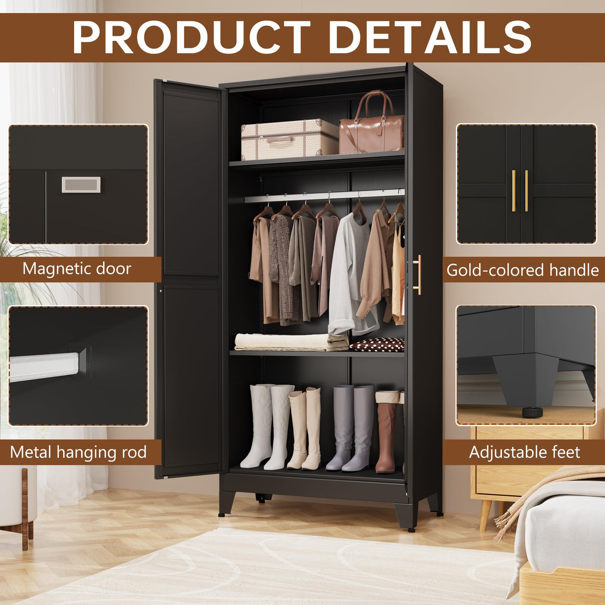 pozdeg Metal Armoire Wardrobe Closet, 71" Tall Clothing Storage Cabinet with Hanging Rods, Household Closet Organizers with Adjustable Shelves for Home Office or Gym (Black) pozdeg