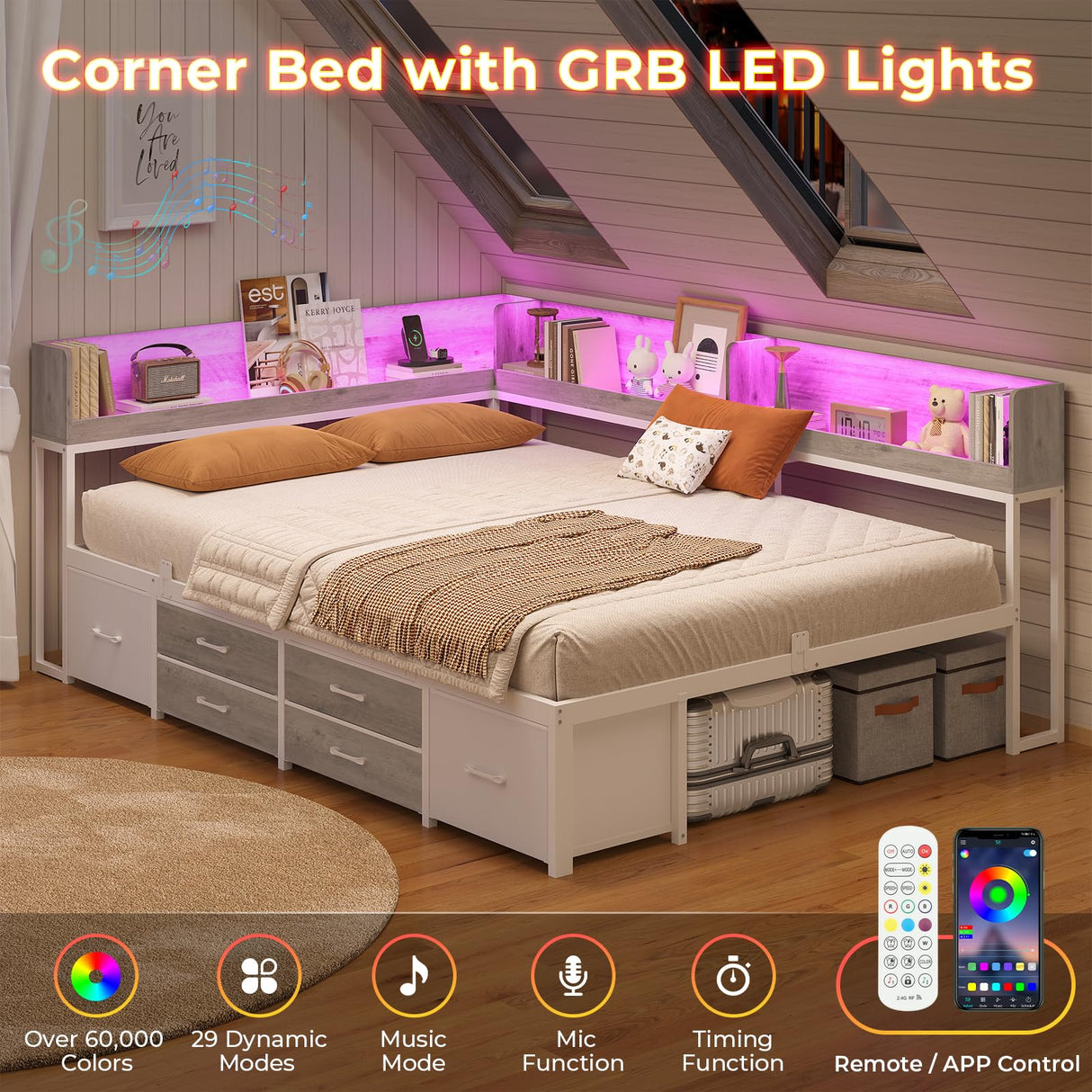 MSmask 14 Inch Corner Bed Frame with Bookcase Storage, Full Daybed with 6 Drawers, Charging Station and LED Light, Full Size Metal Platform Bed Frame for Kids Teenagers, White & Oak Grey MSmask