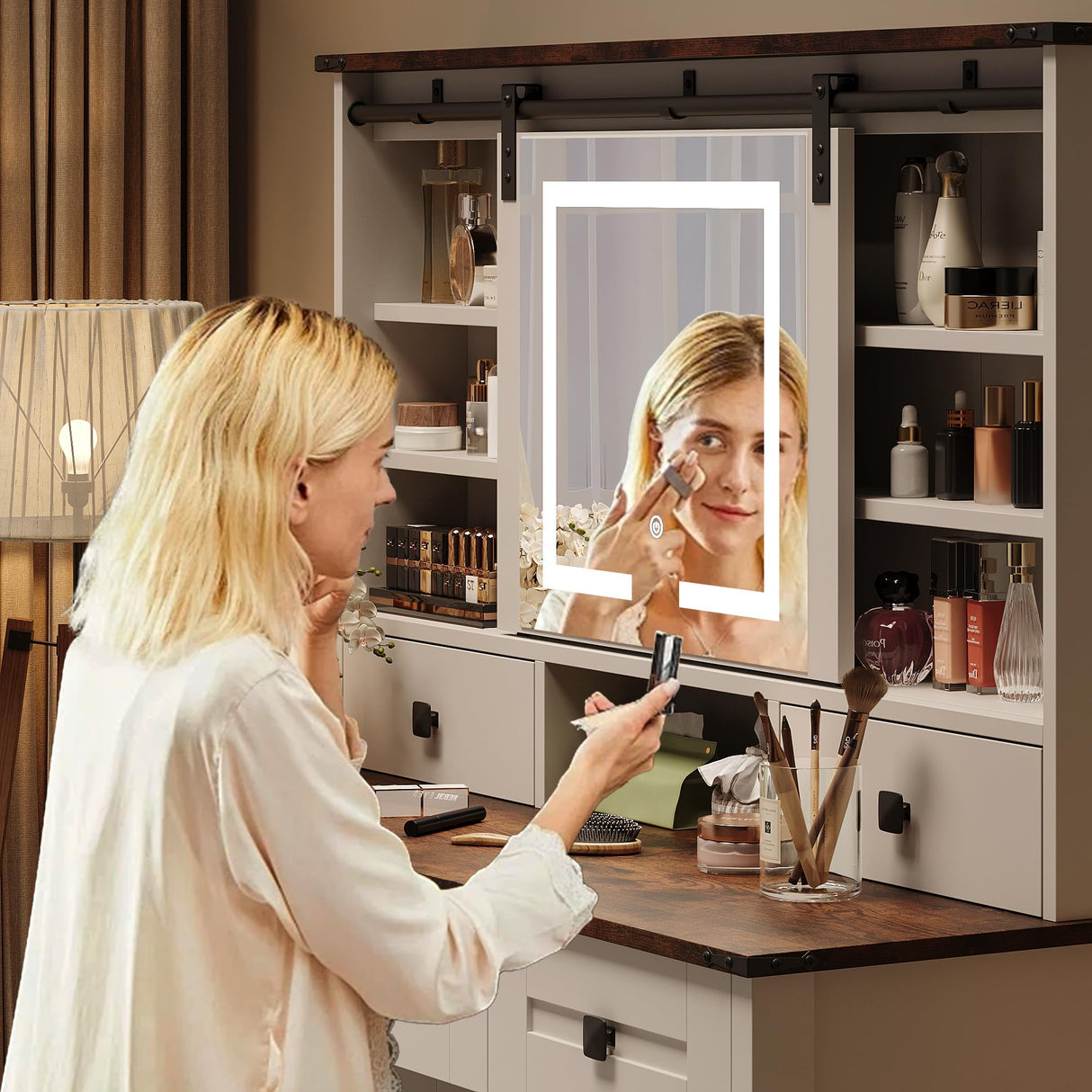 White Vanity with 4 Drawers & Shelves, 42.1'' Farmhouse Makeup Vanity Desk Featuring a Sliding Mirror and Lights, a Rustic Big Vanity Set Suitable for The Bedroom. wanan