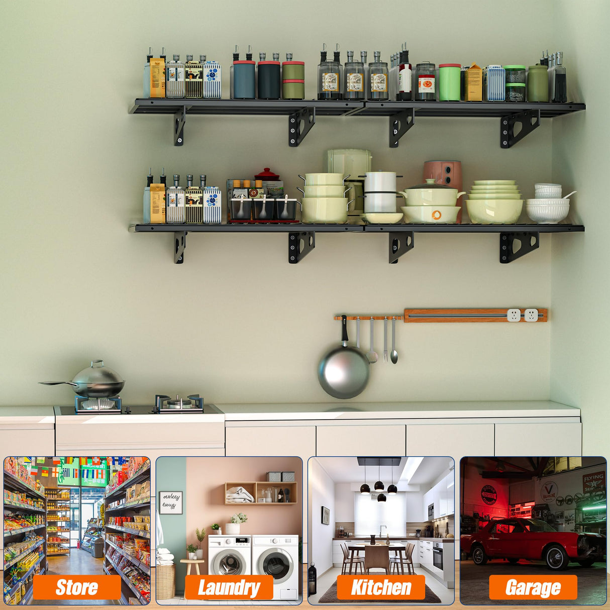 4-Pack 1.5x3FT Garage Shelving 17.7-inch-by-35.8-inch Wall Shelf Garage Storage Rack Wall Mounted Floating Shelves,Black Soywey