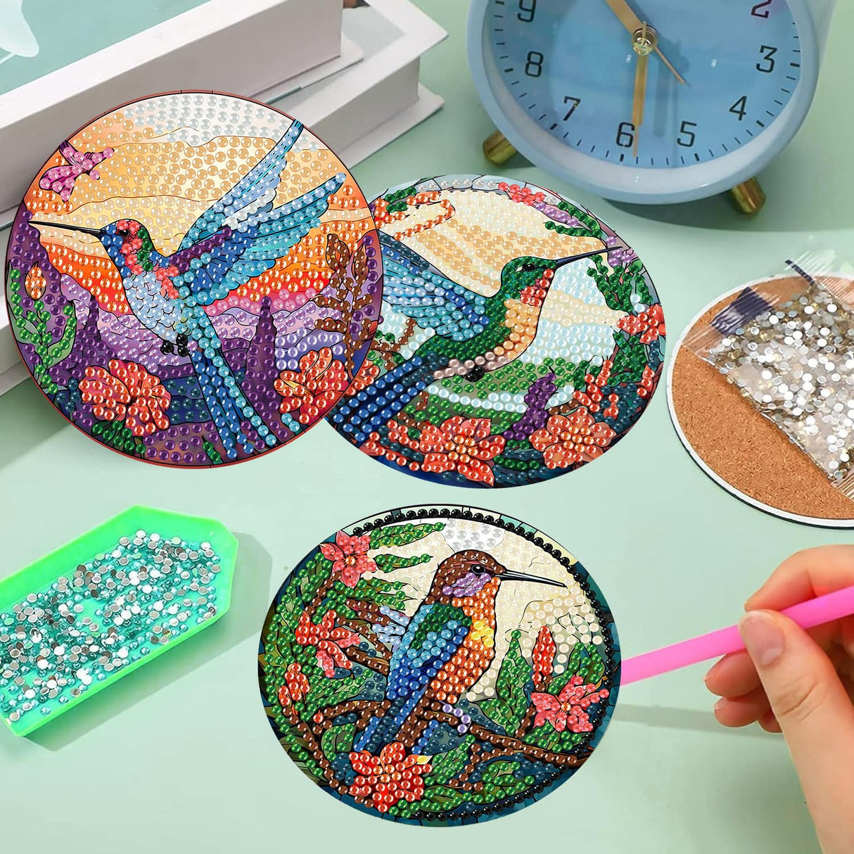 mrpwnle 8 PCS Diamond Painting Art Coaster Set with Holder Diamond Art Coasters DIY Hummingbird Diamond Painting Coasters Kit for Adults Beginners Bird Diamond Art Coasters Crafts Supplies mrpwnle