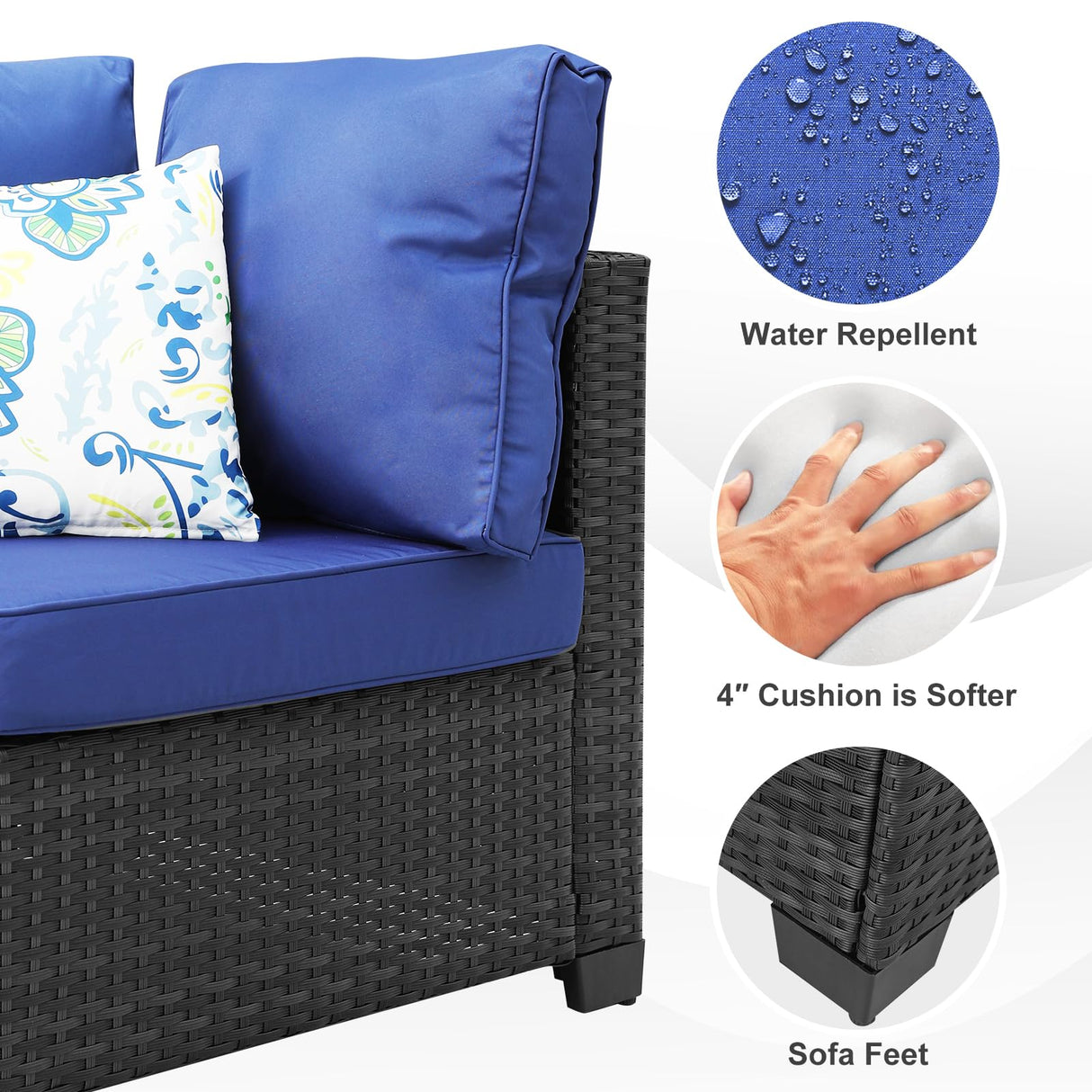 7 Pieces Outdoor Rattan Wicker Patio Set with Coffee Table, Armless Seats and Corner Seats, 2 Pillows Included,Sectional Furniture Chair Set,Coffee/Blue… Peacabo