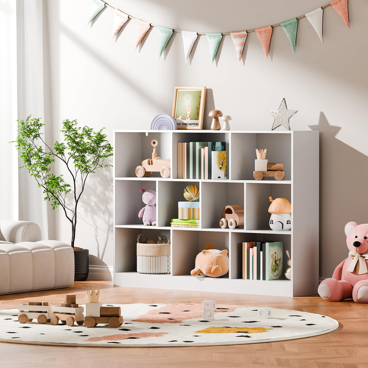 Cozy Castle White Bookshelf, 3-Tier Open Shelf Bookcase, 10 Cube Storage Organizer with Anti-Tilt Device, Freestanding Horizontal Bookshelf Cube Shelf for Bedroom, Living Room Cozy Castle