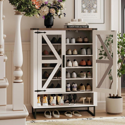 Maupvit Farmhouse Shoe Cabinet with Doors, 6-Tier Shoes Rack Shoe Storage Organizer with Adjustable Shelves & Metal Legs, Rustic Shoe Storage Cabinet for Entryway, Hallway, Closet, Living Room