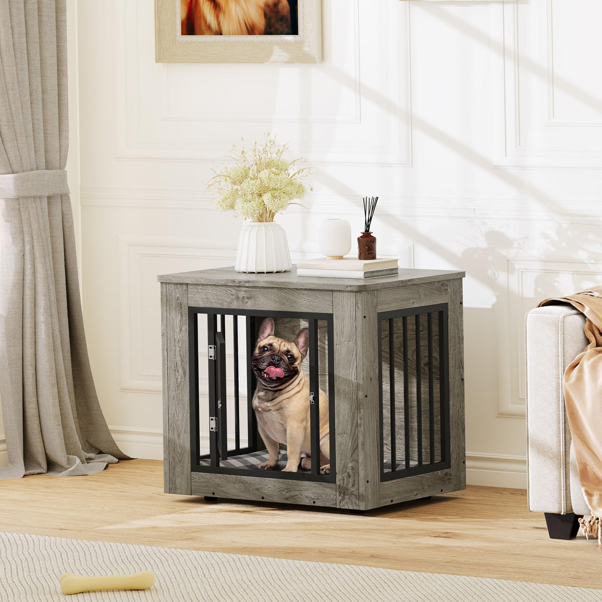YITAHOME 27.2" L Dog Crate Furniture for Medium Dogs, 2-in-1 Iron-Wood Fusion Dog cage Indoor up to 30 lb, Side End Table, Modern Dogs Kennel with Waterproof Top, Safety Corners,Steel Lock,Grey YITAHOME