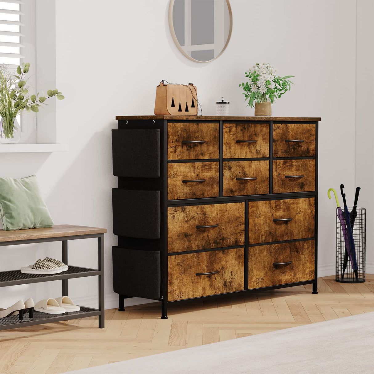 Dresser for Bedroom, 10 Drawers Fabric Storage Drawer, Dressers & Chest of Drawers with Side Pockets, Hooks, Wood Tabletop for Closet, Living Room, Hallway (Rustic Brown) Jojoka