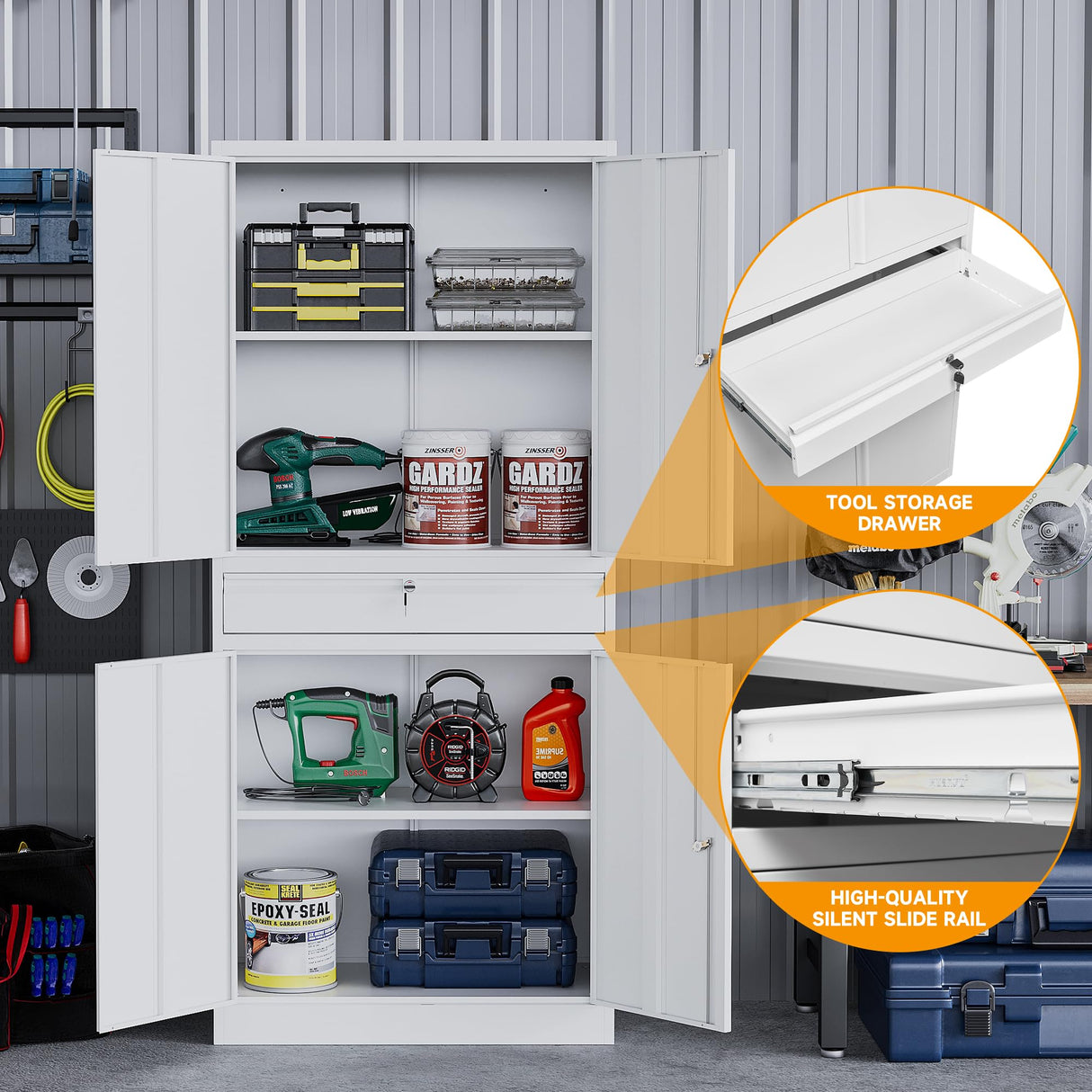 STANI Metal Garage Storage Cabinets with Drawer, 4 Doors Tool Storage Cabinet with 2 Adjustable Shelves, 71"-Lock Steel Locking Cabinet for Garage Utility Room Home Office (White, 0 Wheel-71 H) STANI