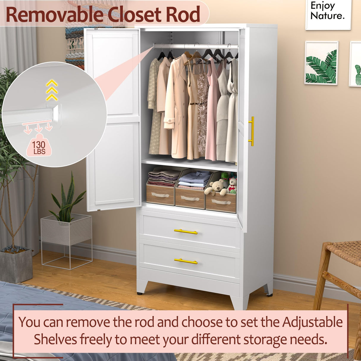 winiowa Metal Armoire Wardrobe Closet with 2 Drawers, 71" Wardrobe Cabinet with Adjustable Shelves and Hanging Rod, Clothing Storage Cabinet Closet with Mirror for Bedroom-White winiowa